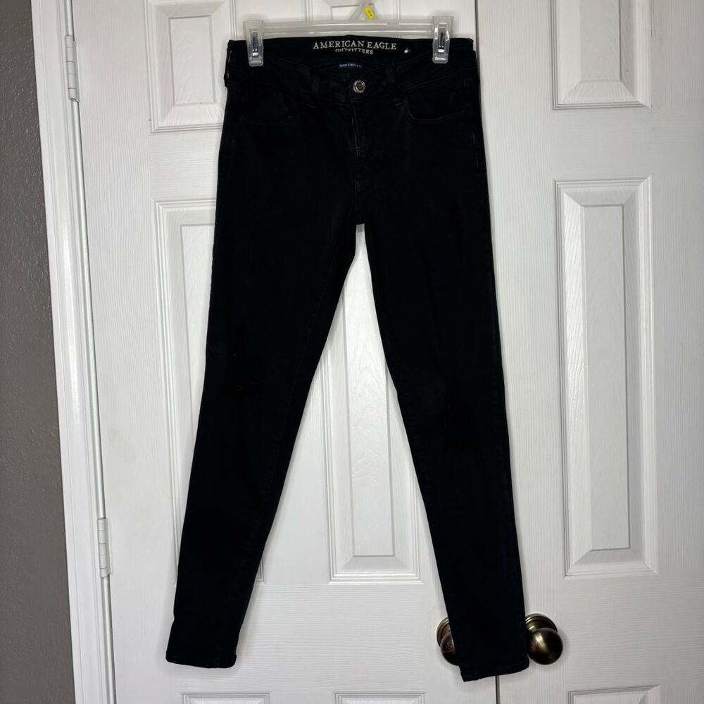 American Eagle Outfitters Size 6 Super Stretch Distressed X Black Skinny Jeans